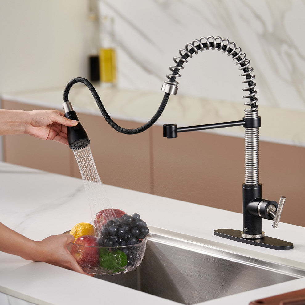 Single Handle Kitchen Sink Faucet Pull-Down Sprayer, 360 Swivel, 3 Functions, Matte Black+brushed Nickel