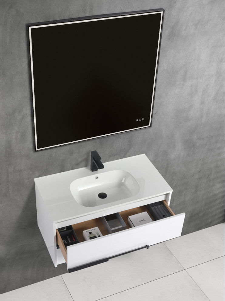 Brest Floating Bath Vanity with Sink, Wall Mounted Vanity and Sink, Glossy White, 36''