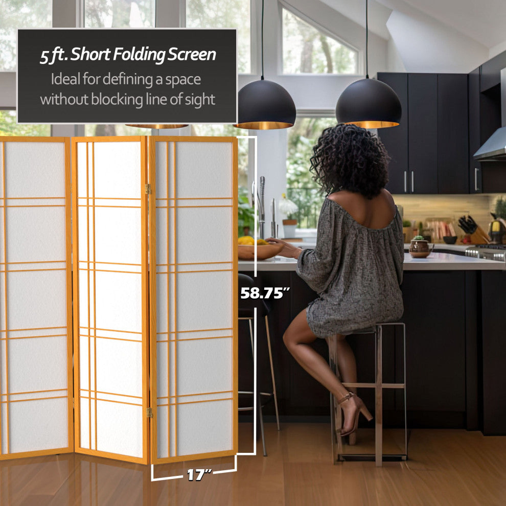 5' Tall Double Cross Shoji Screen, Honey, 5 Panels