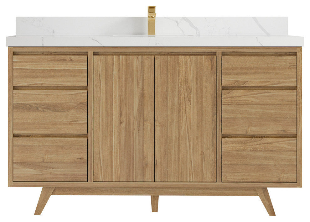 Madison  Teak 60 Single Bathroom Vanity Golden Teak 2" Calacatta Laza