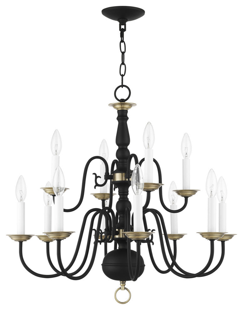 Livex Lighting Williamsburg 12 Light Black, Antique Brass 2-Tier Chandelier