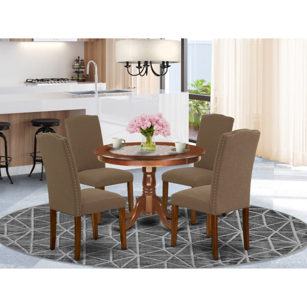 5-Piece Round 42" Table and 4-Parson Chair, Linen Fabric Dark Coffee