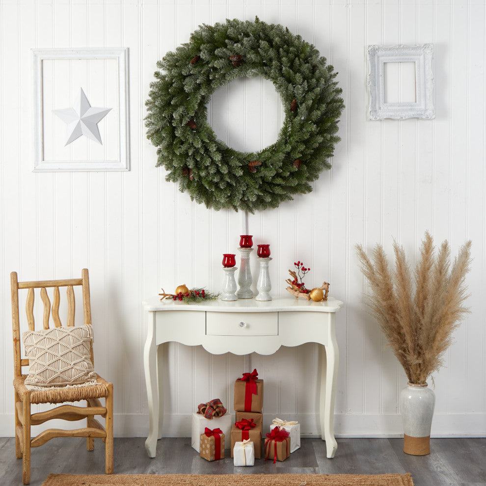 4ft. Large Flocked Faux Xmas Wreath W/Pinecone, Clear Lights & Bendable Branches