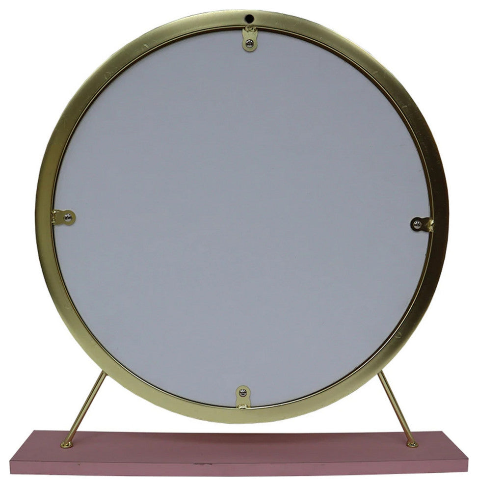 Benzara BM278977 Rose Round Vanity Mirror With Stool, Faux Fur Seat, Brass. Pink