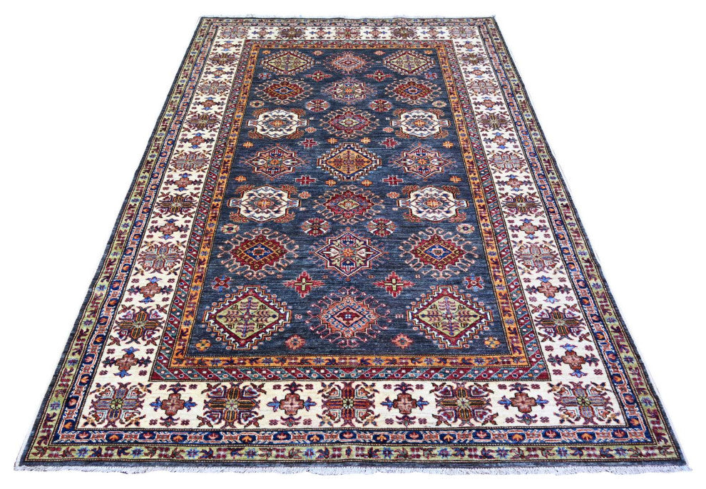 Slate Gray Afghan Kazak Geometric Medallions Wool Hand Knotted Rug, 5'9"x7'10"