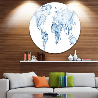 World Map Water Splash, Map Digital Art Round Metal Wall Art, 23"
