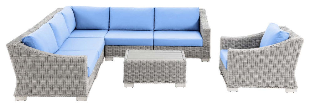 Lounge Sectional Sofa Chair Table Set, Rattan, Wicker, Gray Blue, Outdoor