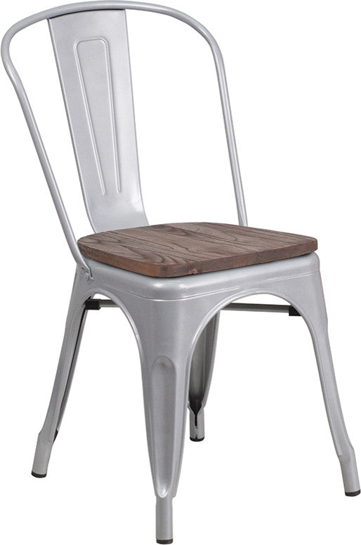 Silver Metal Stackable Chair With Wood Seat