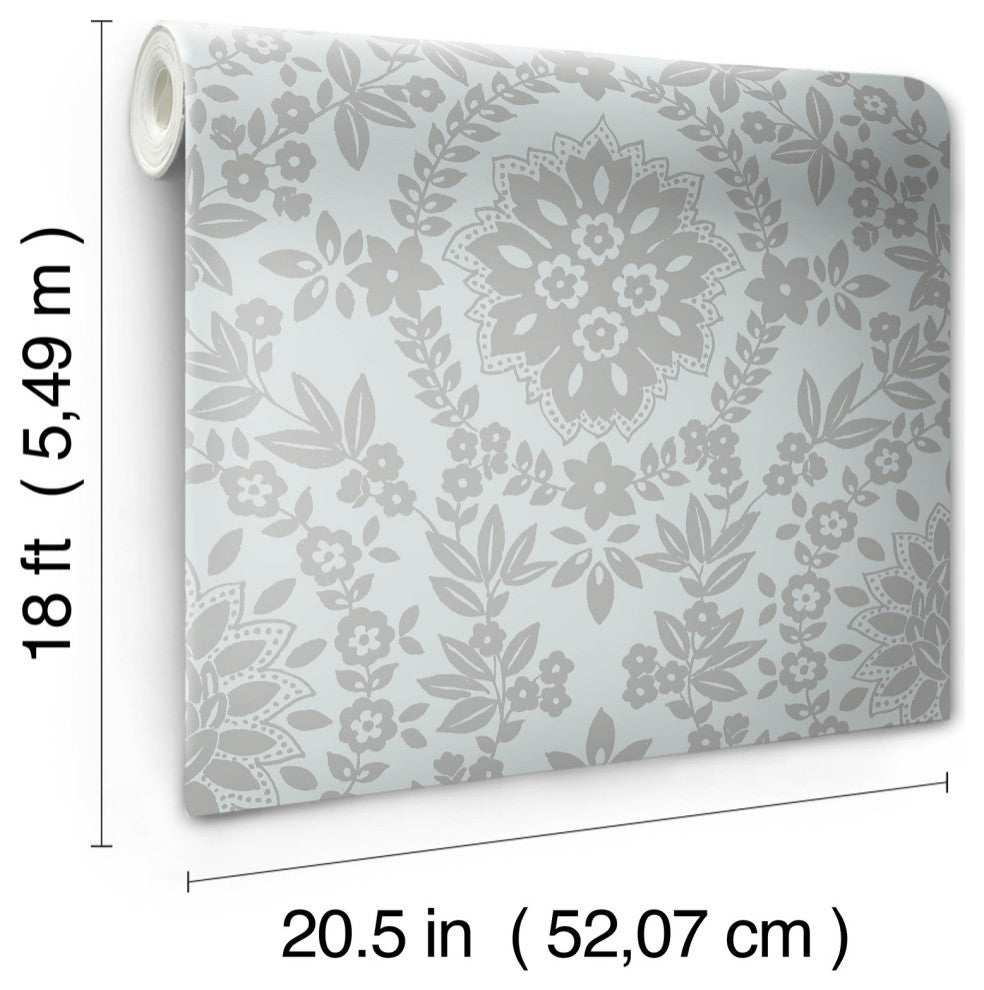 Blue & Silver Boho Baroque Damask Peel & Stick Wallpaper