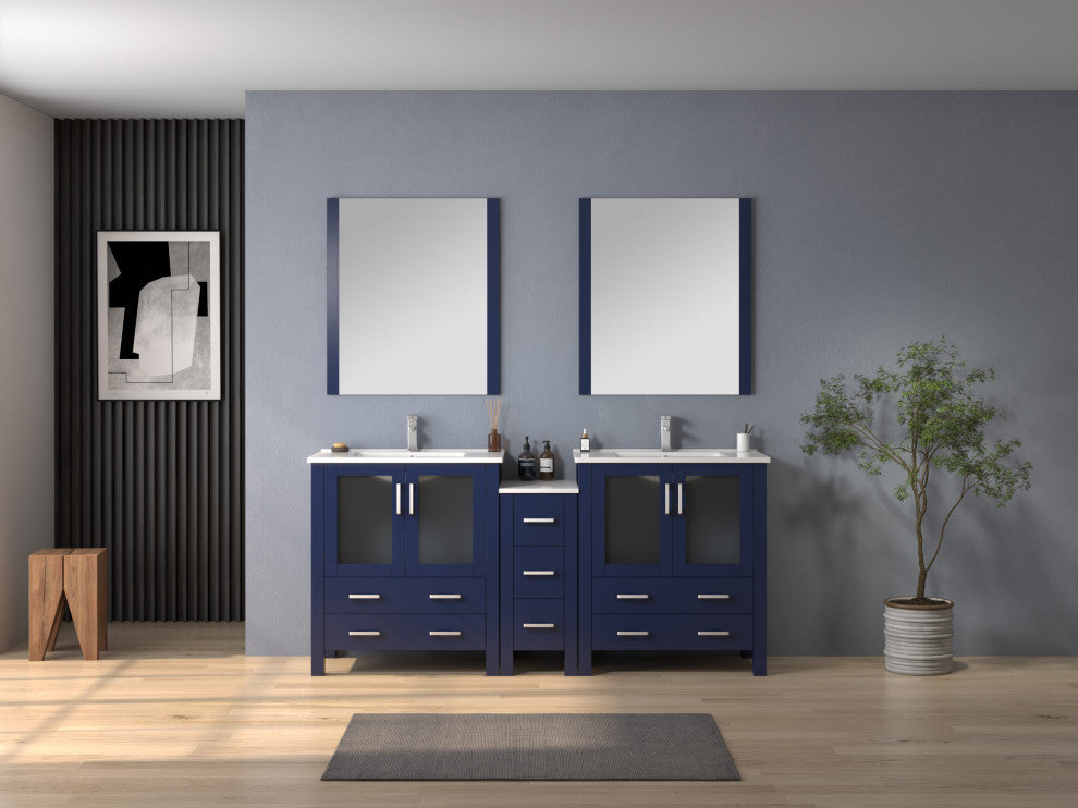 Lexora Volez 72" Vanity Cabinet, Navy Blue, Top, Mirror, 4 Doors 7 Drawers