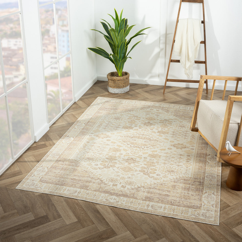 Ayla Beige Traditional Bordered Waterproof Area Rug, 2' X 5'