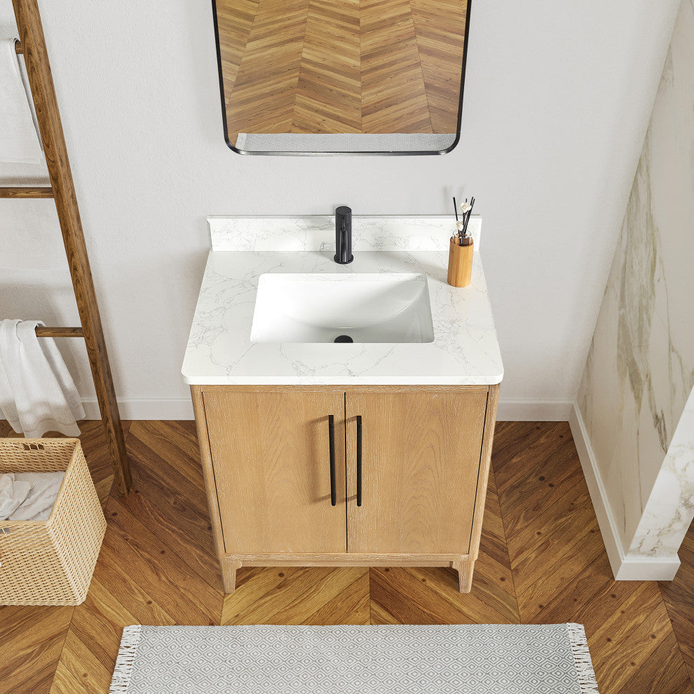 Gara Bath Vanity, Stone Top, Washed Ash Grey, 30", Single Vanity, No Mirror