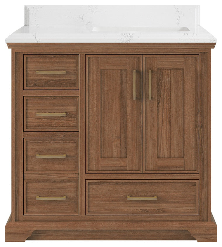Charlotte Teak 36" Bathroom Vanity Right Offset Dark Natural 1.5" Empira Quartz