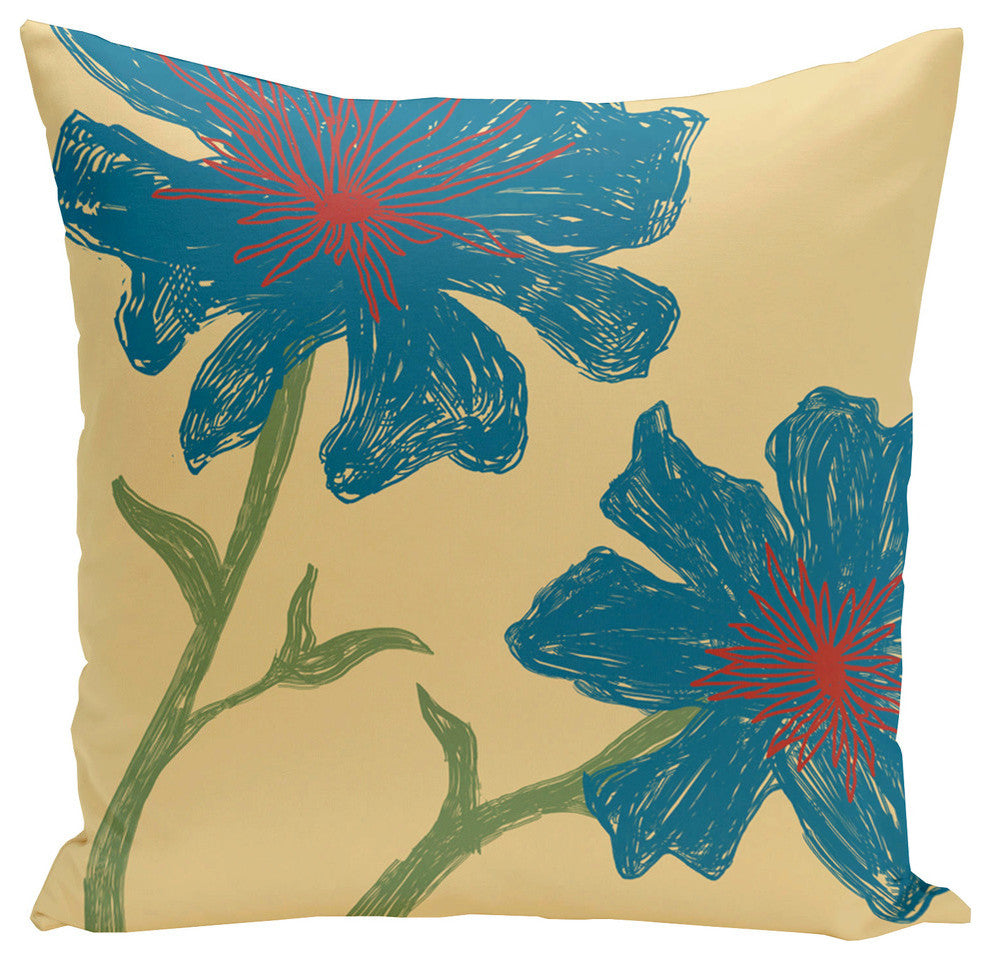 Polyester Pillow, Floral, Blue, Green, Beige, 18"x18"