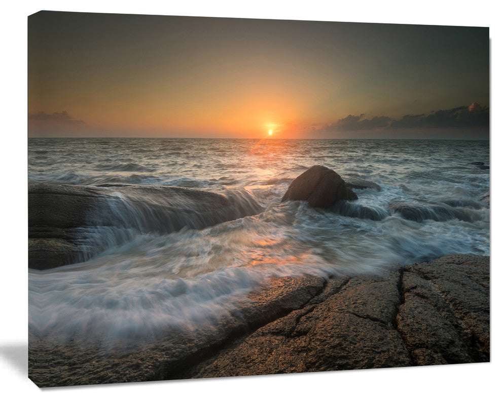 Lashing Sea Waves At Sunset, Beach Photo Canvas Print, 40"x30"
