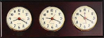 Triple Quartz Clock on Mahogany Wood With Brass Bezel