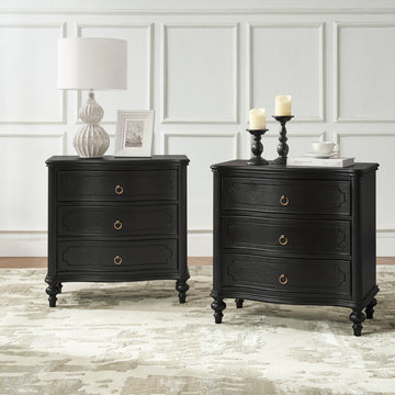 3-Drawer Nightstand With Solid Wood Legs and Built-In Outlets, Set of 2, Black