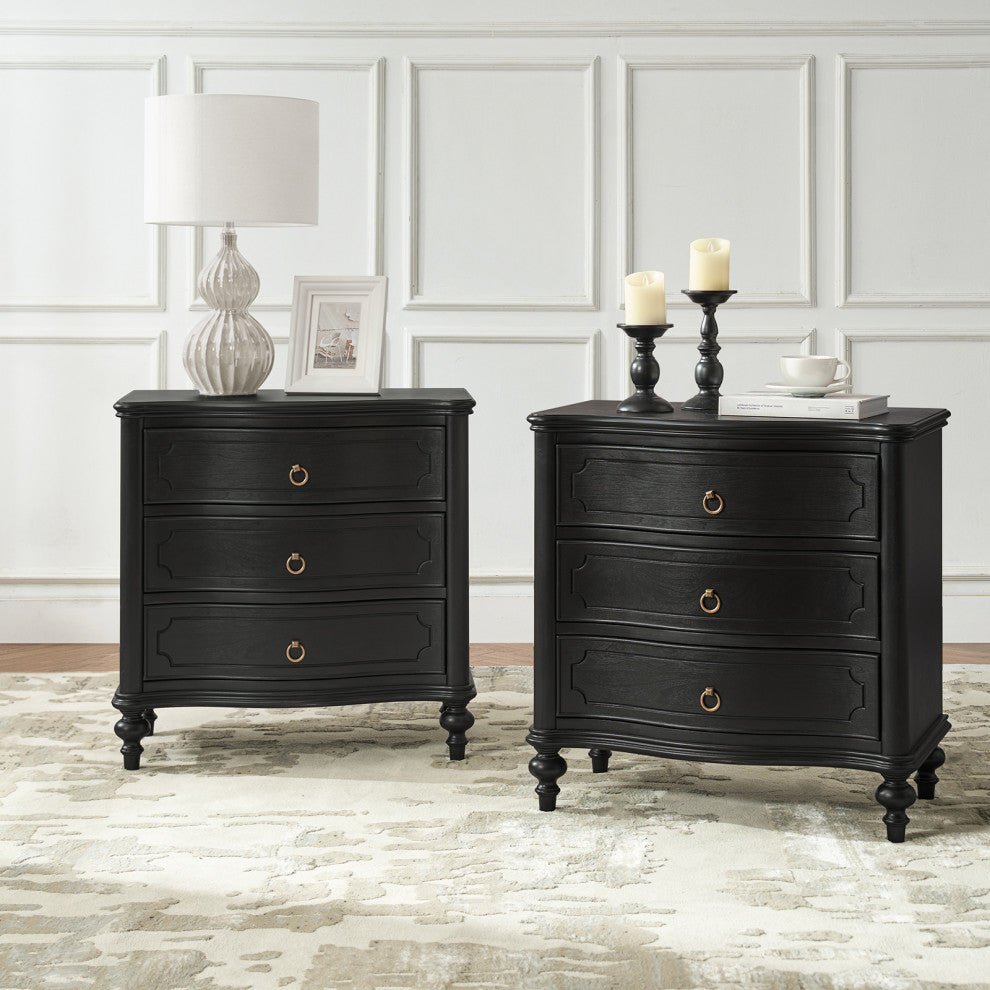 3-Drawer Nightstand With Solid Wood Legs and Built-In Outlets, Set of 2, Black