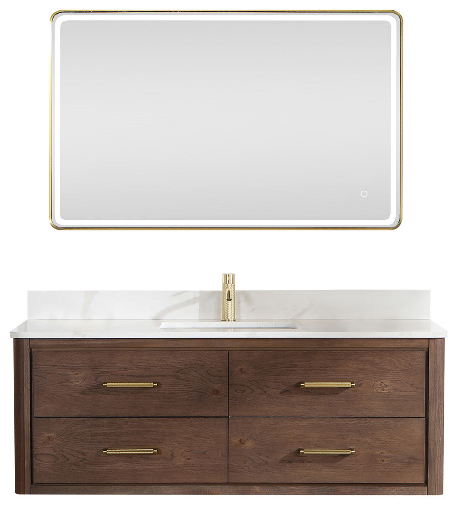 Cristo Floating Bath Vanity With Stone Top, Aged Dark Brown Oak, 55in., With Mirror
