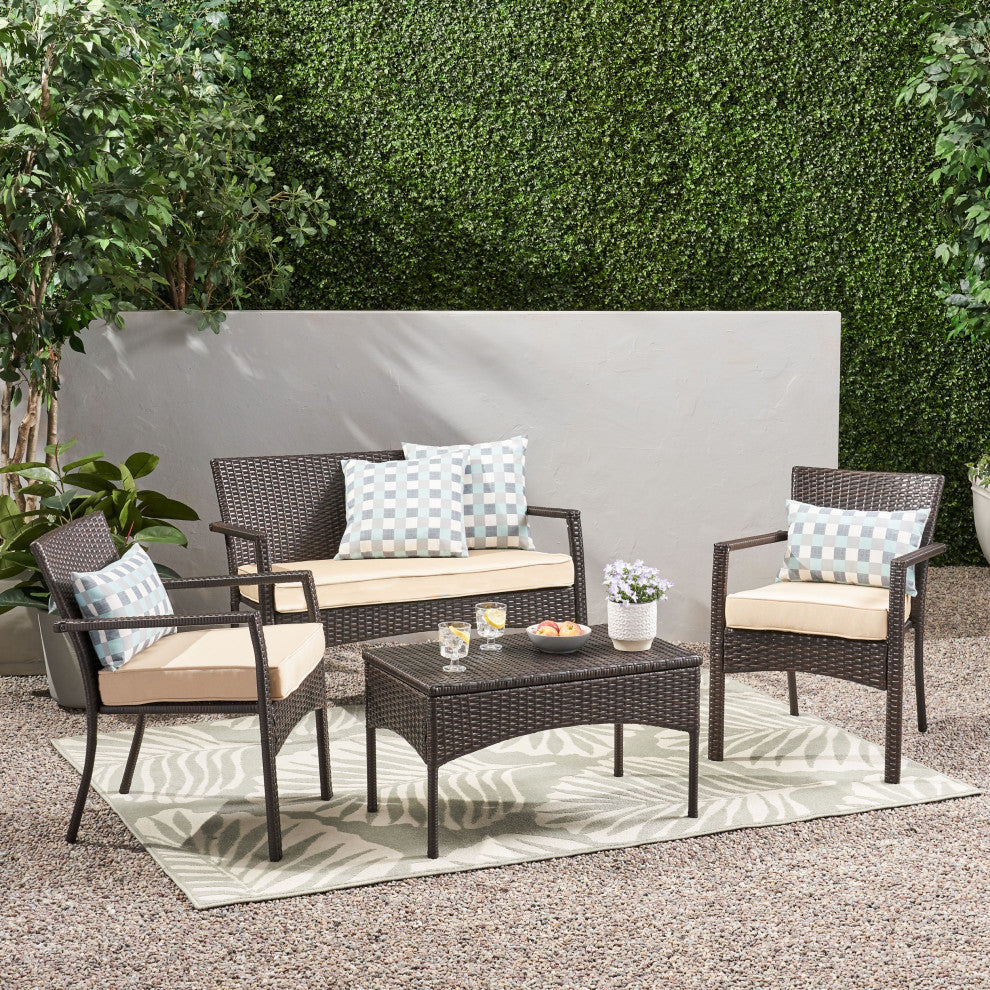 GDF Studio 4-Piece Tahiti Outdoor Wicker Chat, Dark Cream Water Resista Set