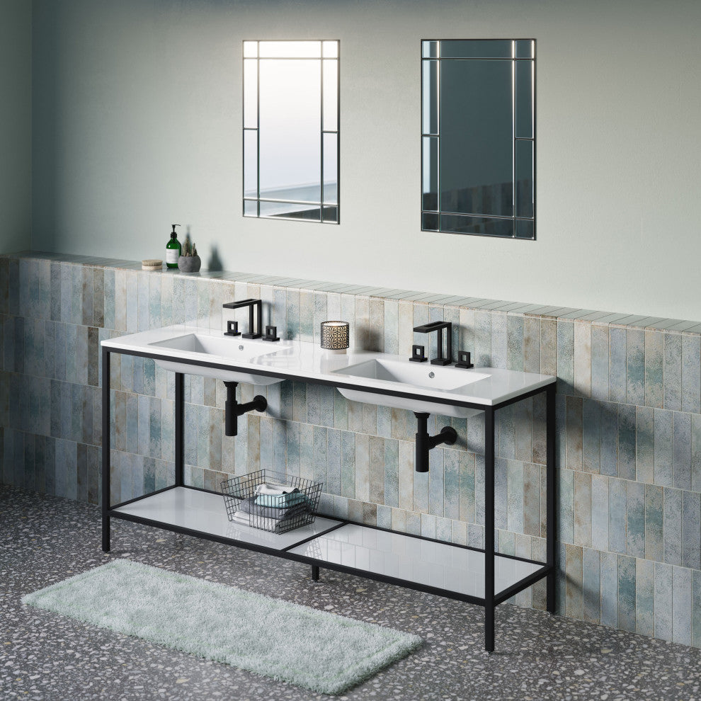 Pierre 72 Double, Freestanding, Open Shelf, Black Metal Frame Bathroom Vanity