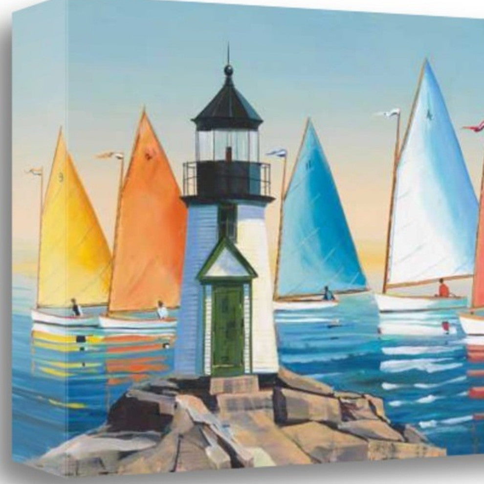 Colorful Sailboats With Lighthouse 2 Giclee Wrap Canvas Wall Art