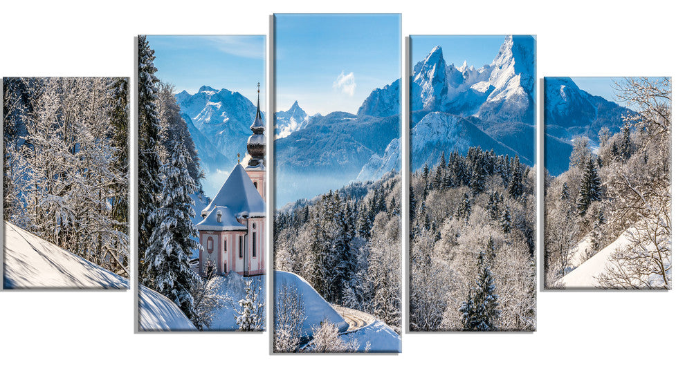 Winter in the Bavarian Alps, Landscape Canvas Art Print, 60"x32", 5 Panels