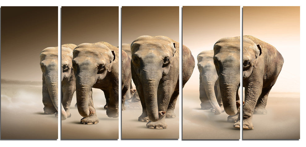 Walking Herd of Elephants, Animal Canvas Wall Art, 60"x28", 5 Panels