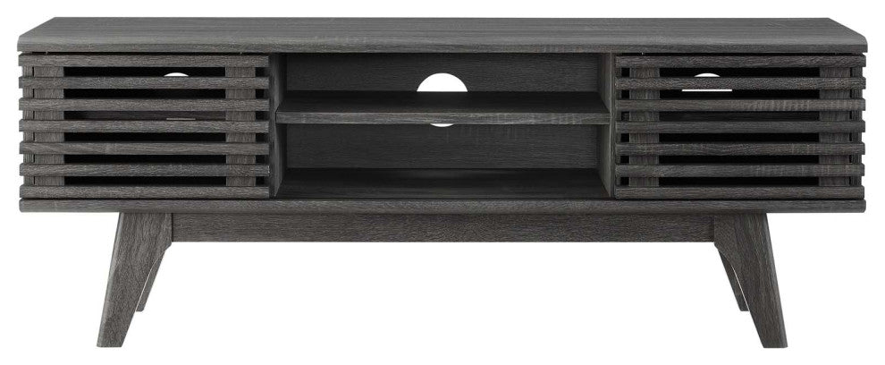 Media TV Stand Console Table, Wood, Dark Grey Gray, Modern, Lounge Hospitality