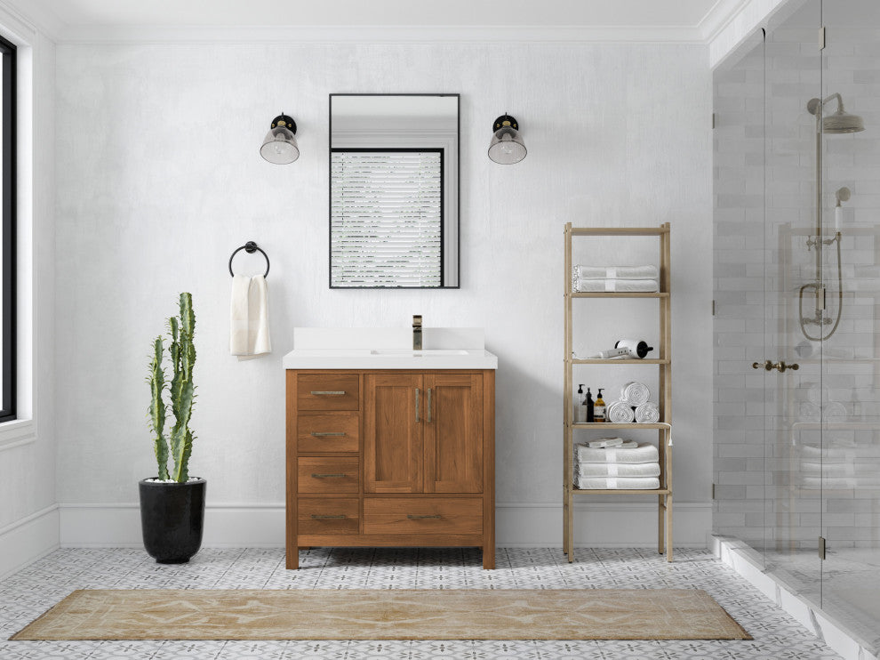 Malibu Teak 36 Right Offset Bath Vanity in Golden Teak 2" White Quartz