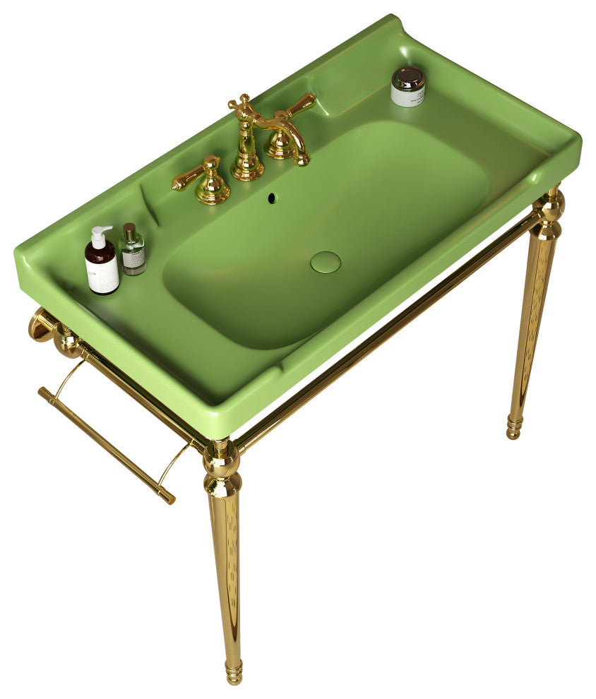 Wall-Mounted Green Ceramic Vanity Basin with Stainless Steel Support Legs, Gold