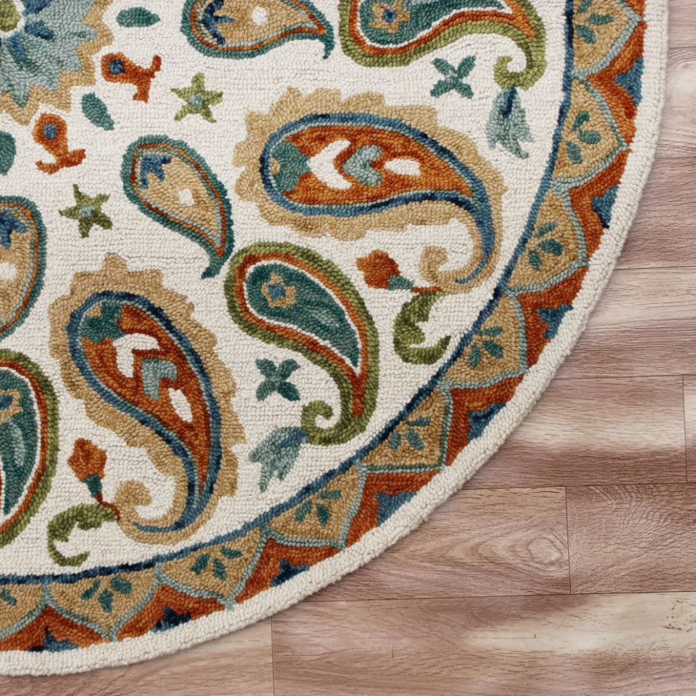 7" Round Orange and White Paisley Area Rug