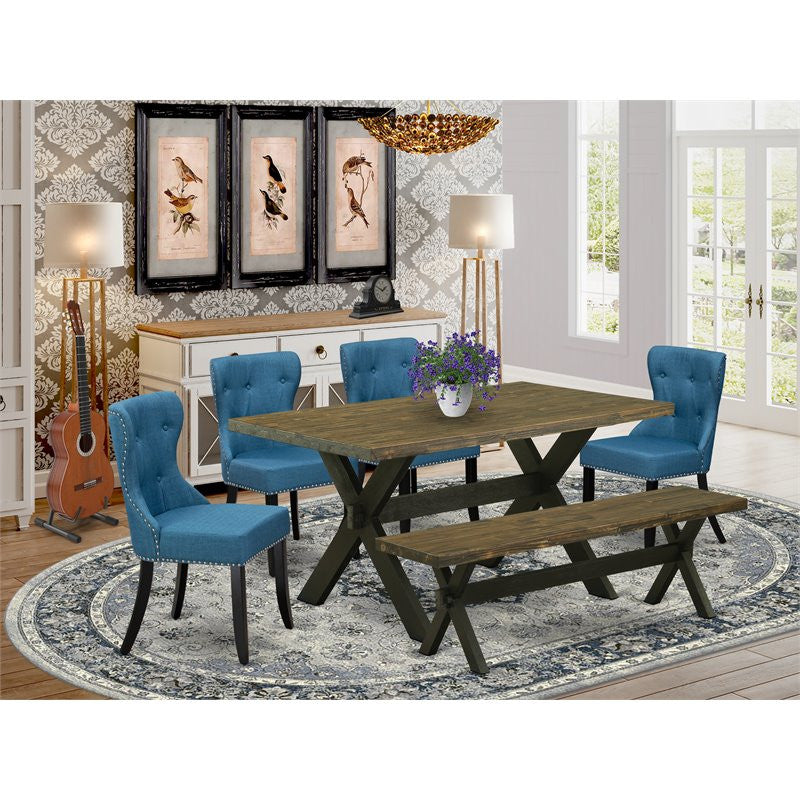 6-Piece Set With 4 Chairs, Wooden Cross Legs, Table and Bench