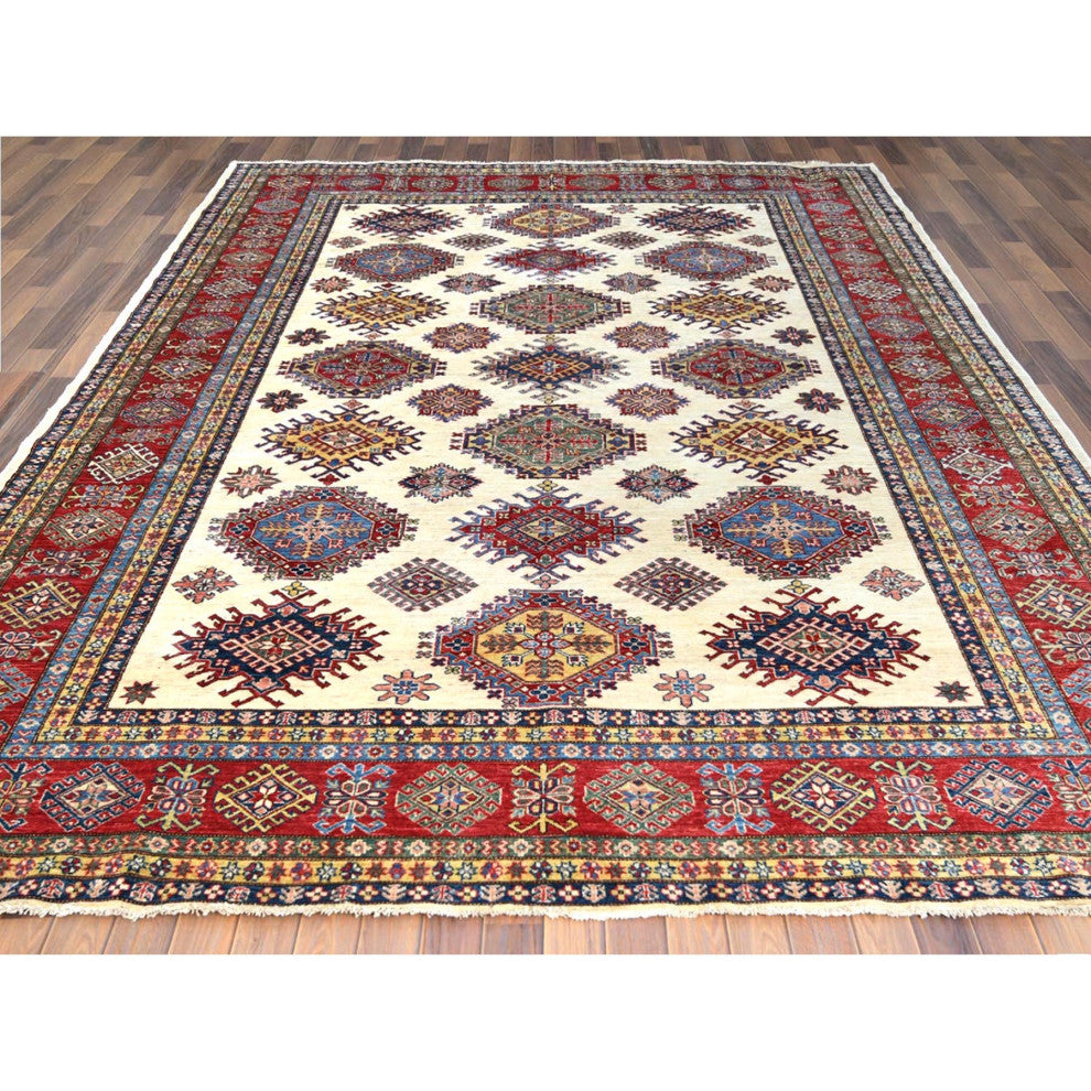 Hand Knotted Ivory Afghan Super Kazak Shiny Wool Oriental Rug, 8'8" x 11'10"