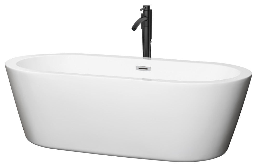 71" Freestanding Bathtub, White, Chrome Trim, Floor Mounted Faucet, Black