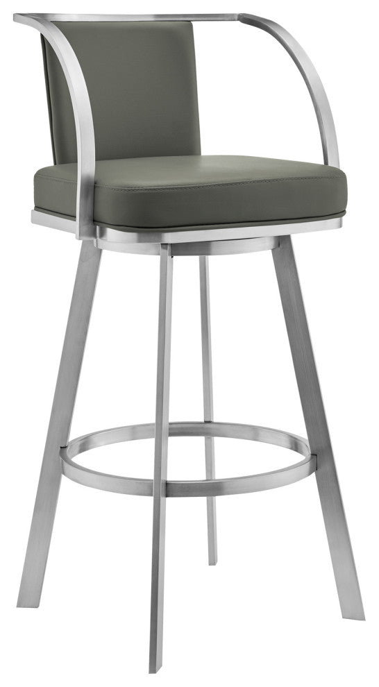 Livingston Gray Faux Leather and Brushed Stainless Steel Swivel Bar Stool, 30"