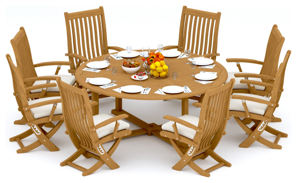 9-Piece Outdoor Teak Dining Set: 72" Round Table, 8 Warwick Folding Arm Chairs