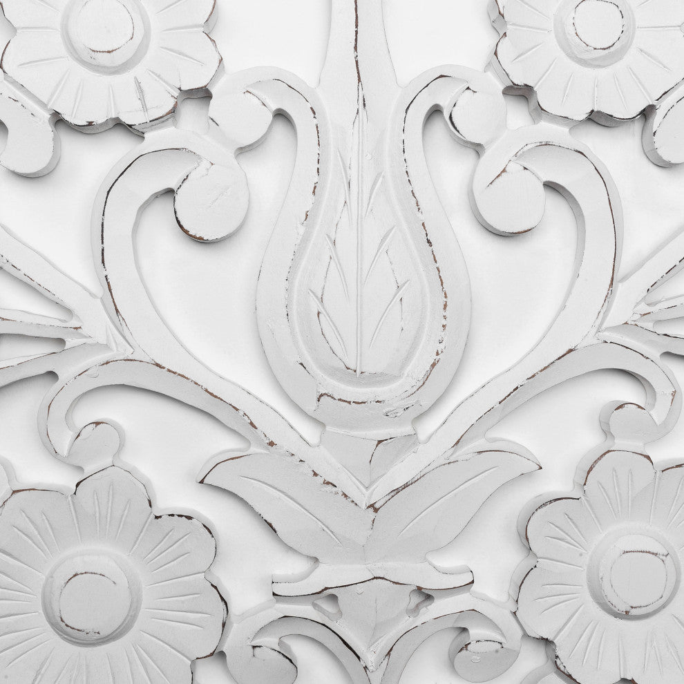 American Art Decor Arched Windowpane Floral Wood Wall Panel, White 36"x24"