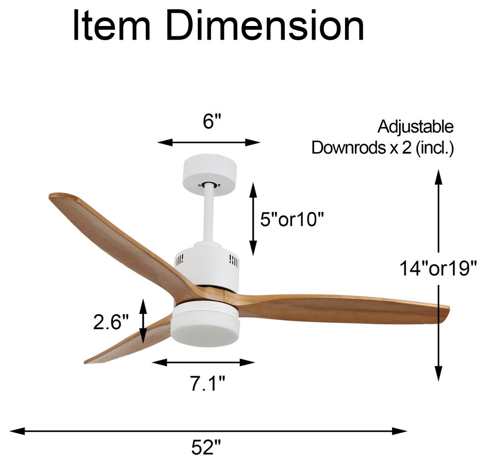 52" Reversible Wood Blades Ceiling Fan With Remote Control, 6 Speed