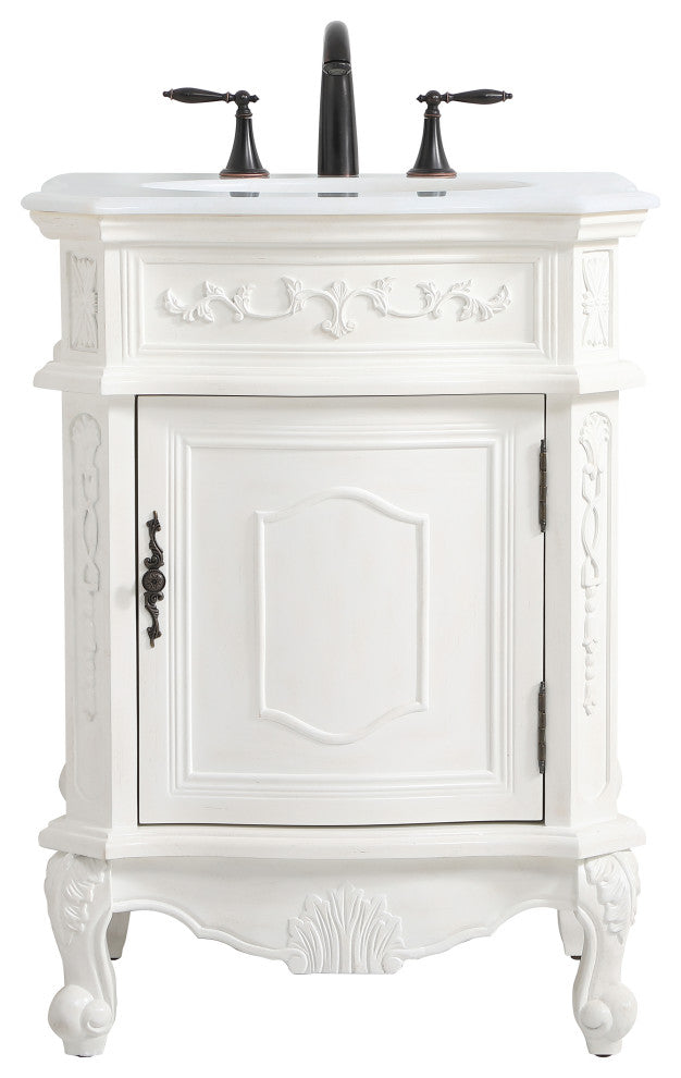 24" Single Bathroom Vanity, Antique White With Ivory White Engineered Marble