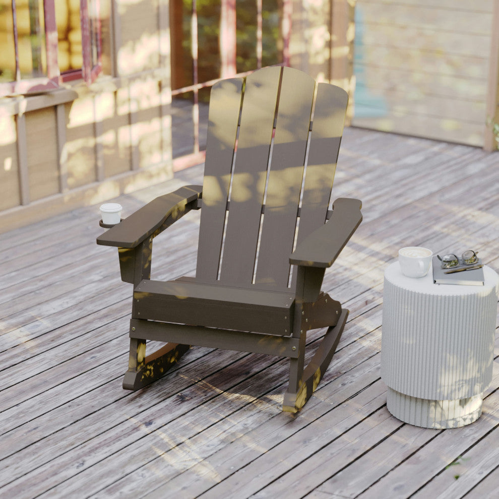 Newport HDPE Adirondack Chair with Cup Holder and Pull Out Ottoman, Brown