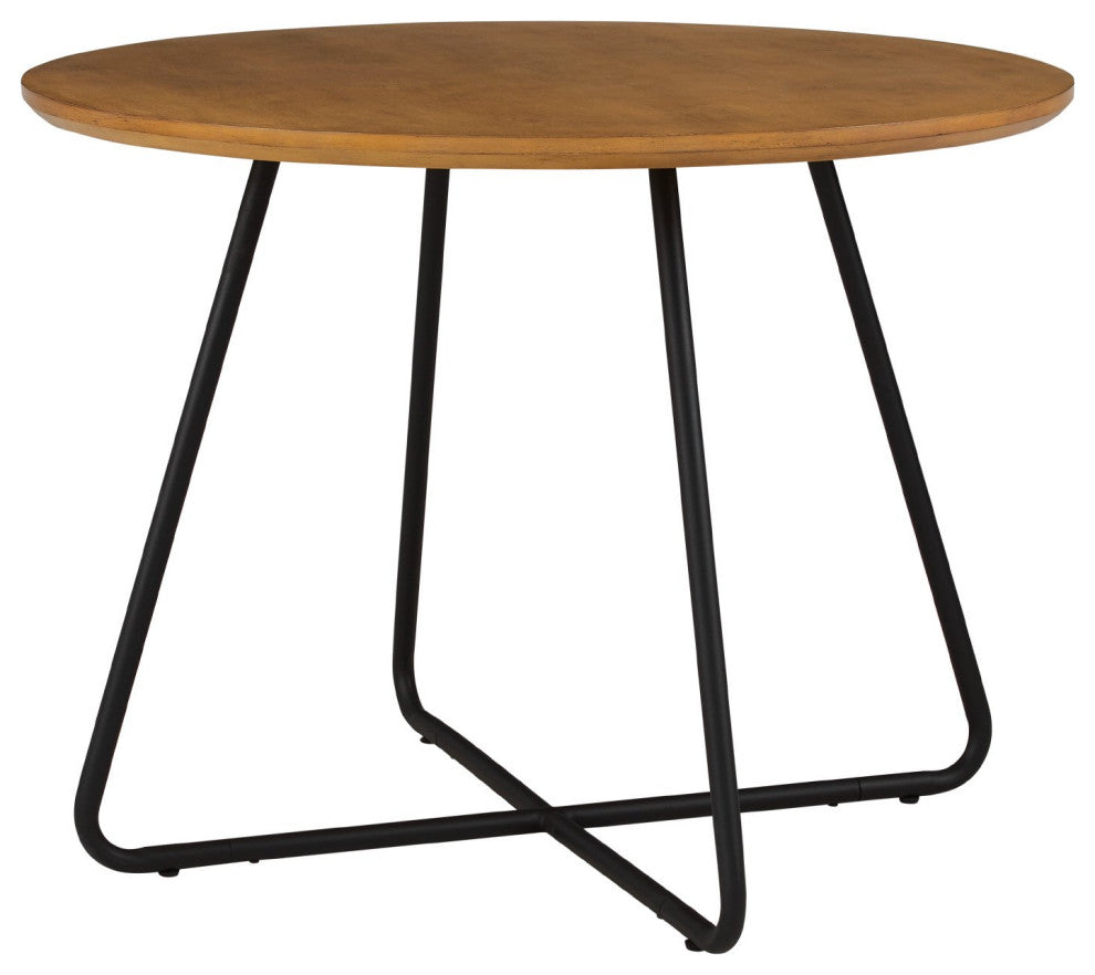 Modern Dining Table, Crossed Black Metal Base & Round English Oak Finished Top