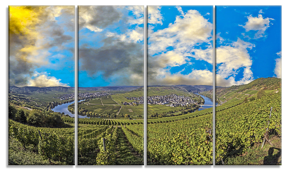 Moselle River Loop in Trittenheim, Landscape Canvas Art Print, 48"x28", 4 Panels