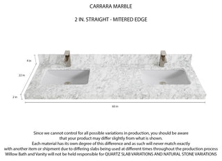 Parker 60 Double Sink Bathroom Vanity in White 2" Carrara Marble