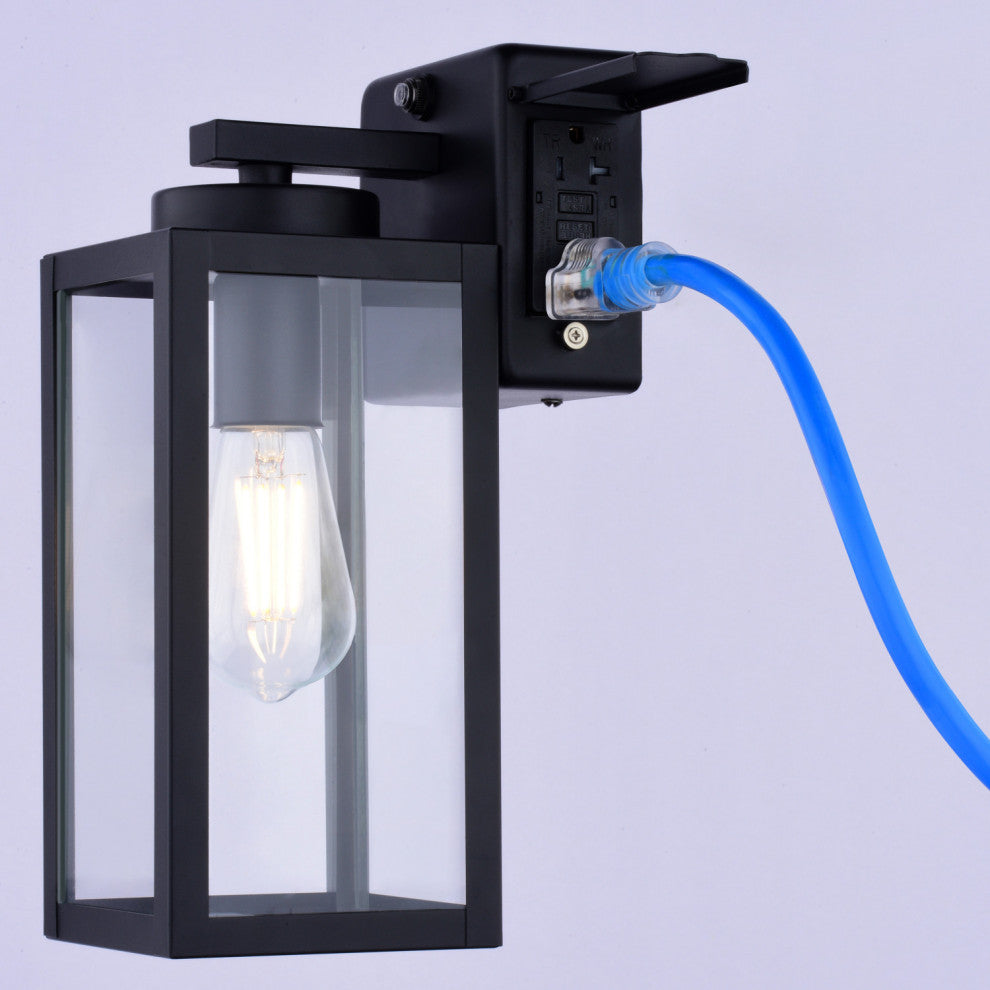 Lombard 1 Light Dusk to Dawn Black Outdoor Wall Lantern, Integrated GFCI Outlet