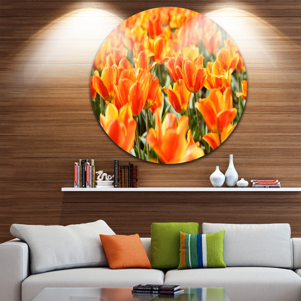 Fresh Tulip Flowers On Sunny Day, Floral Round Metal Wall Art, 23"