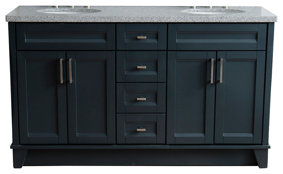 61" Double Sink Vanity, Dark Gray Finish And Gray Granite And Oval Sink