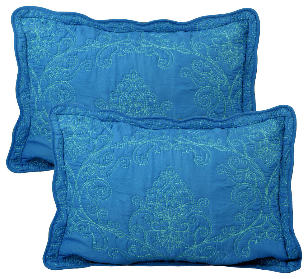 Damask Embroidered Quilted 4 Piece Bed Spread Sets, Palace Blue, Queen