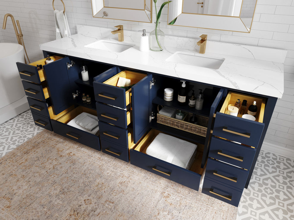 Willow Collections Malibu Vanity, Navy Blue, Calacatta Quartz, 84"