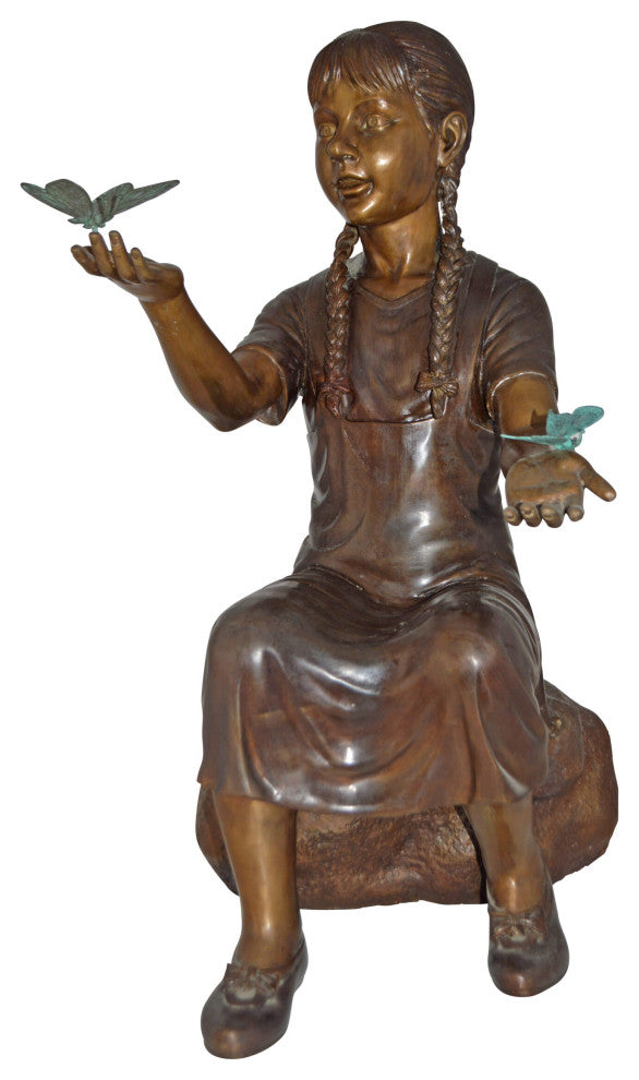 Girl Sitting on A Rock Holding Butterflies Bronze Statue - Size: 26"x17"x34"H